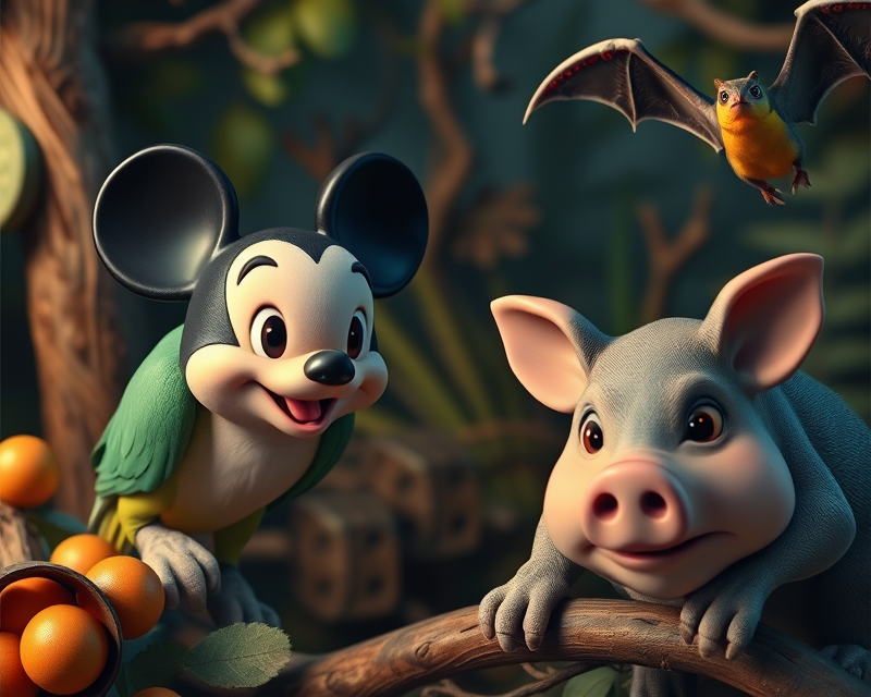 mickey mouse, parakeet, chameleon, pig, bat